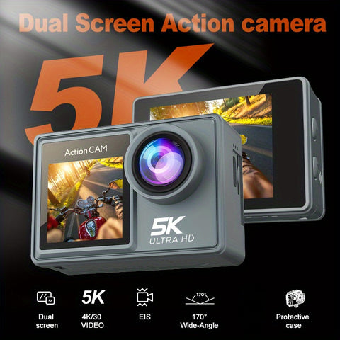 This Is a 5K Ultra HD Action Camera Featuring a 170° Wide-Angle Lens, Dual Screens on The Front And Back, Capable of Capturing 5K Video at 30 Frames Per Second, with 24 Megapixels, Image Stabilization, 4X Zoom, Automatic Photo Capture