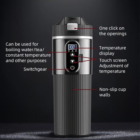 Car Electric Kettle • 12V\u002F24V Portable Heating Travel Mug • Multi-Temperature Control • 304 Food-Grade Stainless Steel • Anti-Scald Design • for Commuting, Outdoor, Road Trips, Camping, and Daily Use