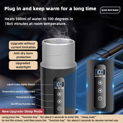 Car Electric Kettle • Portable Heating Travel Mug for 12V\u002F24V • Multi-Level Temperature Control • Made of 304 Food-Grade Stainless Steel • Designed with a Plastic Exterior And Steel Interior to Prevent Burns