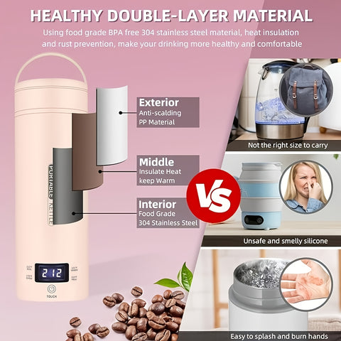 1 Set Travel Electric Kettle & Portable Electric Kettle: Small Mini Portable Kettle for Tea Coffee, Portable Water Heater Water Boiler with 4 Temperature Control, 304 Stainless Steel Auto Shut-Off, Boil Dry Protection & BPA-Free
