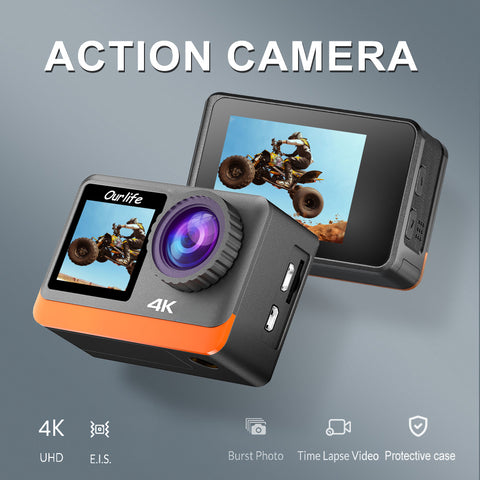 HD Action Camera 4K Ultra HD Camera, 170° Wide-Angle Lens, Dual Screens on Front And Back, 5K + 30 FPS + 24 MP + Image Stabilization, 4X Zoom, Auto Photo Capture, Burst Mode, And Timer Shooting. Ideal for Climbing And Biking, Without Battery