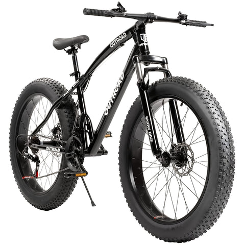 26-Inch Wheeled Fat Tire Mountain Bike Featuring a 21-Speed System, Constructed with a High Carbon Steel Frame, Equipped with Double Disc Brakes And Front Suspension for Enhanced Grip