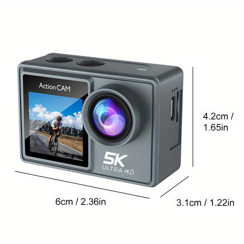 This Is a 5K Ultra HD Action Camera Featuring a 170° Wide-Angle Lens, Dual Screens on The Front And Back, Capable of Capturing 5K Video at 30 Frames Per Second, with 24 Megapixels, Image Stabilization, 4X Zoom, Automatic Photo Capture