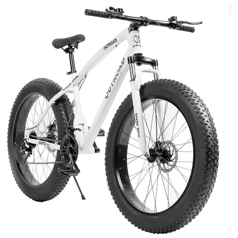 26-Inch Wheeled Fat Tire Mountain Bike Featuring a 21-Speed System, Constructed with a High Carbon Steel Frame, Equipped with Double Disc Brakes And Front Suspension for Enhanced Grip