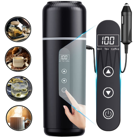 Car Electric Kettle • Portable Heating Travel Mug for 12V\u002F24V • Multi-Level Temperature Control • Made of 304 Food-Grade Stainless Steel • Designed with a Plastic Exterior And Steel Interior to Prevent Burns