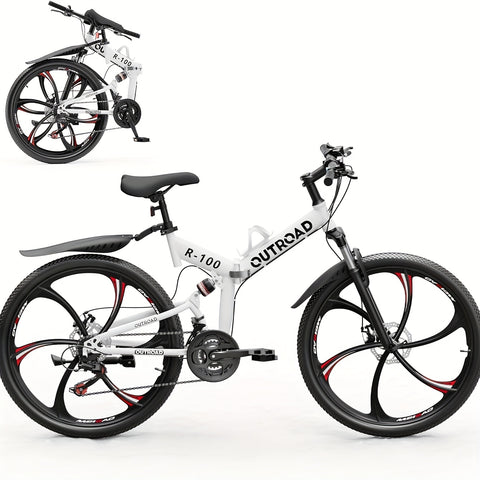 26 Inch Adult Folding Bikes\u002FMountain Bikes, 21 Speeds Mountain Bicycles with Full Suspension, Dual Disc Brake, High Carbon Steel Frame, Foldable Bike for Men\u002FWomen\u002FTeen (Black&Orange)