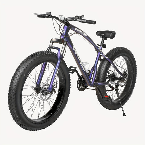 26-Inch Wheeled Fat Tire Mountain Bike Featuring a 21-Speed System, Constructed with a High Carbon Steel Frame, Equipped with Double Disc Brakes And Front Suspension for Enhanced Grip