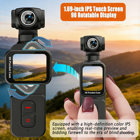 5K Ultra HD Handheld Sports Camera | 270° Flexible Tracking, Wide-Angle Lens, 1.69-Inch IPS Screen, Vertical And Horizontal Rotation, 100 Minutes of Battery Life, Includes 32G Memory Card | Ideal for Vlogging, Creative Shots, And Daily Recording