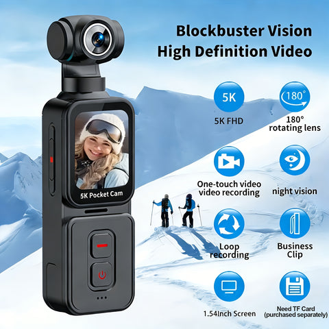 5K Ultra HD Handheld Sports Camera | 270° Flexible Tracking, Wide-Angle Lens, 1.69-Inch IPS Screen, Vertical And Horizontal Rotation, 100 Minutes of Battery Life, Includes 32G Memory Card | Ideal for Vlogging, Creative Shots, And Daily Recording