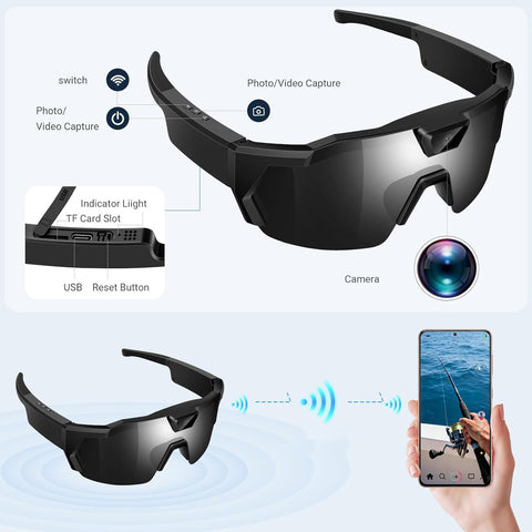 Smart Camera Glasses for Action Sports, HD Video Recording Glasses with 64GB Memory, Action Audio Camera Sunglasses for Men Women Outdoor (Black)