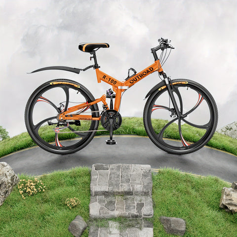 26 Inch Adult Folding Bikes\u002FMountain Bikes, 21 Speeds Mountain Bicycles with Full Suspension, Dual Disc Brake, High Carbon Steel Frame, Foldable Bike for Men\u002FWomen\u002FTeen (Black&Orange)