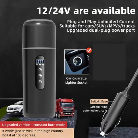 Car Electric Kettle • Portable Heating Travel Mug for 12V\u002F24V • Multi-Level Temperature Control • Made of 304 Food-Grade Stainless Steel • Designed with a Plastic Exterior And Steel Interior to Prevent Burns