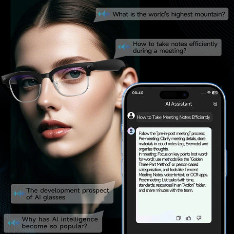 Brand New Half-rim Design - Bestselling AI Smart Glasses - Featuring Real-time Translation And Object Recognition, Open-back Design, Ultra-lightweight, Suitable for Outdoor Work, Travel, Business Use, Long Battery Life, Camping And Outdoor