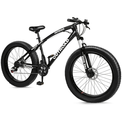 26-Inch Wheeled Fat Tire Mountain Bike Featuring a 21-Speed System, Constructed with a High Carbon Steel Frame, Equipped with Double Disc Brakes And Front Suspension for Enhanced Grip