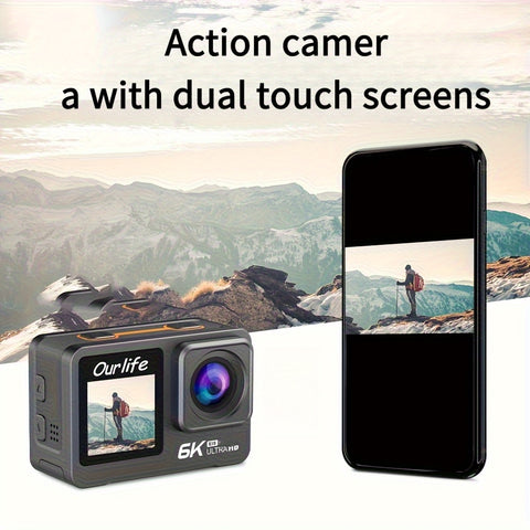 6K Action Camera OURLIFE 6K Sports Action Camera | Dual Touch Screens, 6-Axis Gyro Stabilization, 170° Wide Angle, Removable Control, 32GB Card & Accessories - Perfect for Travel, Vlogging, Recording - Ideal Christmas\u002FBirthday Gift (Black)