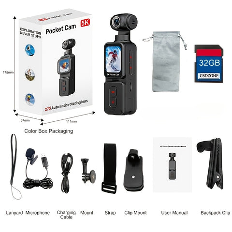 5K Ultra HD Handheld Sports Camera | 270° Flexible Tracking, Wide-Angle Lens, 1.69-Inch IPS Screen, Vertical And Horizontal Rotation, 100 Minutes of Battery Life, Includes 32G Memory Card | Ideal for Vlogging, Creative Shots, And Daily Recording