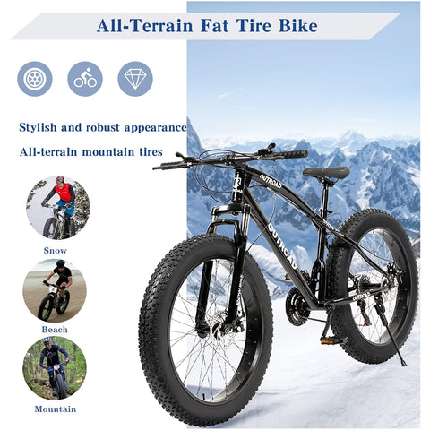 26-Inch Wheeled Fat Tire Mountain Bike Featuring a 21-Speed System, Constructed with a High Carbon Steel Frame, Equipped with Double Disc Brakes And Front Suspension for Enhanced Grip