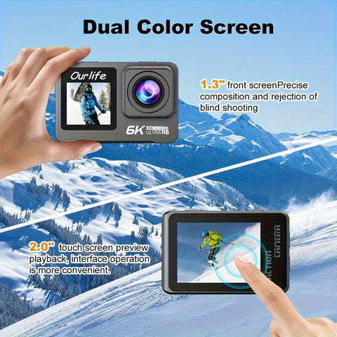 6K Action Camera OURLIFE 6K Sports Action Camera | Dual Touch Screens, 6-Axis Gyro Stabilization, 170° Wide Angle, Removable Control, 32GB Card & Accessories - Perfect for Travel, Vlogging, Recording - Ideal Christmas\u002FBirthday Gift (Black)