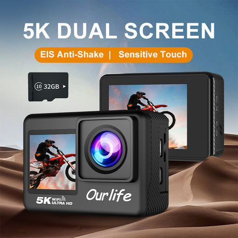 5K HD Dual-Lens Action Camera Featuring Front And Rear Recording with Anti-Shake Technology, Ideal for Motorcycle Riding, Equipped with a Large Touchscreen for Enhanced Video Clarity - an Excellent Gift for Capturing Videos And Images