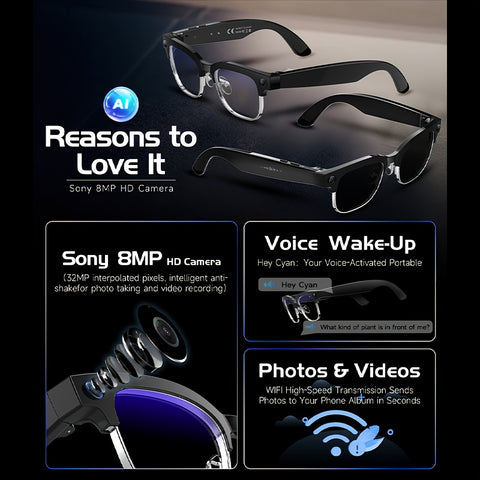 Brand New Half-rim Design - Bestselling AI Smart Glasses - Featuring Real-time Translation And Object Recognition, Open-back Design, Ultra-lightweight, Suitable for Outdoor Work, Travel, Business Use, Long Battery Life, Camping And Outdoor