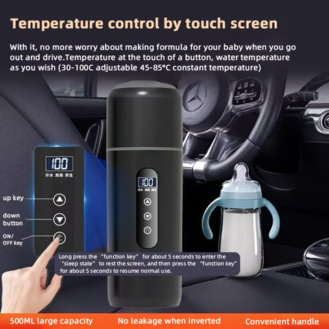 Car Electric Kettle • Portable Heating Travel Mug for 12V\u002F24V • Multi-Level Temperature Control • Made of 304 Food-Grade Stainless Steel • Designed with a Plastic Exterior And Steel Interior to Prevent Burns