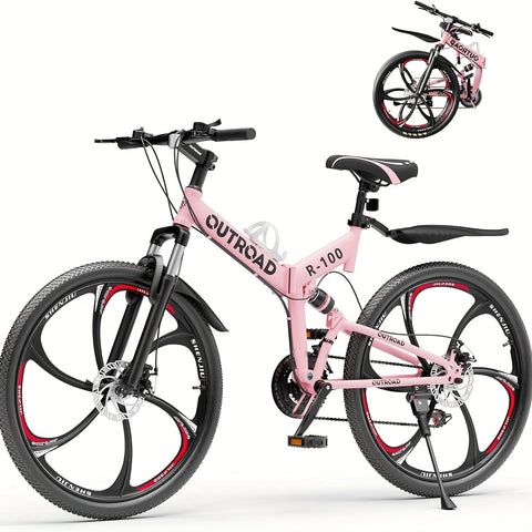26 Inch Adult Folding Bikes\u002FMountain Bikes, 21 Speeds Mountain Bicycles with Full Suspension, Dual Disc Brake, High Carbon Steel Frame, Foldable Bike for Men\u002FWomen\u002FTeen (Black&Orange)