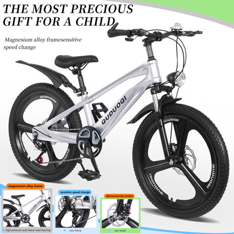 FKZNPJ 20-Inch Mountain Bicycle, 7-Speed Youth Bike Featuring a Magnesium Alloy Frame And One-Piece Wheels, Lightweight Bicycle for Boys And Girls