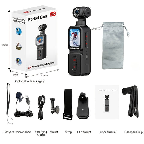 5K Ultra HD Handheld Sports Camera | 270° Flexible Tracking, Wide-Angle Lens, 1.69-Inch IPS Screen, Vertical And Horizontal Rotation, 100 Minutes of Battery Life, Includes 32G Memory Card | Ideal for Vlogging, Creative Shots, And Daily Recording